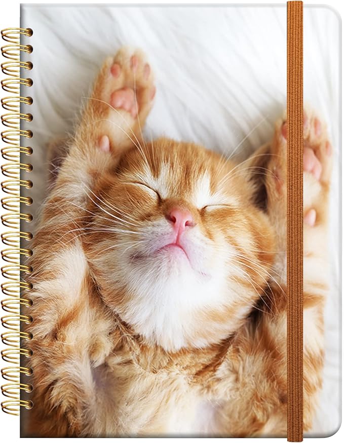 Ruled Spiral Writing Notebook,A5 Hardcover Lined College Journal for Women Lady Girl,Cute Strong Twin-Wire Binding with Premium Paper,8.4" X 6",Perfect for School,Office,Home Gifts(Sleeping Cat)
