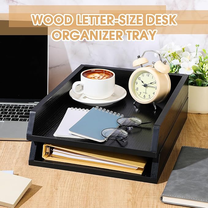 4 Pcs Wooden Letter Trays Wood Letter-Size Desk Organizer Heavy Duty 2 Tier Stackable Supports Paper Tray Desktop Drawer Organizer File Folder Magazine Office Accessories (Black)