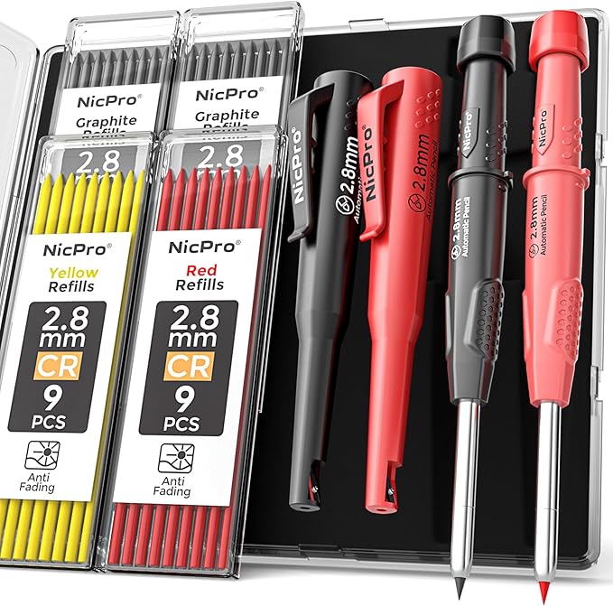 Nicpro 2 Pack Carpenter Pencils with Sharpener, CP3000 Mechanical Carpenter Pencils with 38 Refills, Heavy Duty Construction Pencil, Woodworking Tools for Architect Marking (Black, Red) - With Case