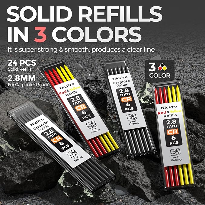 Nicpro 2 Pack CP1000 Carpenter Pencil with Sharpener, Mechanical Carpenter Pencils with 26 Refills, Deep Hole Long Nib Marker Pens for Construction, Heavy Duty Woodworking Pencil for Architect Marking