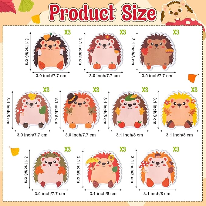 ANGOLIO Fall Cute Hedgehog Sticky Notes – 30 Pack Memo Pads, Thanksgiving Gifts Office Supplies, Autumn Classroom Decor, Self-Stick School Notes for Kids, 600 Sheets Seasonal Birthday Party Favors