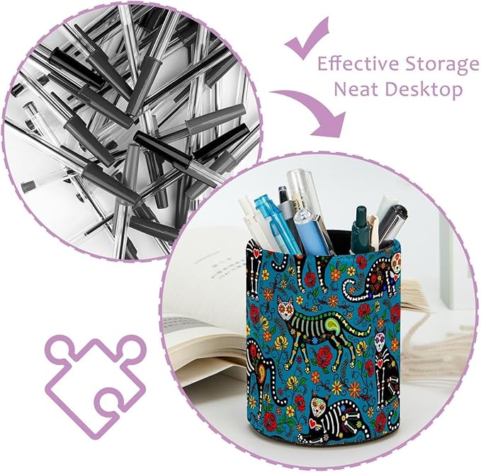 Round Creative Pen Holder |Sugar Skull Black Cats Desktop Storage Organizer|Gadget Stationery Storage Box|Office Leather Organizer