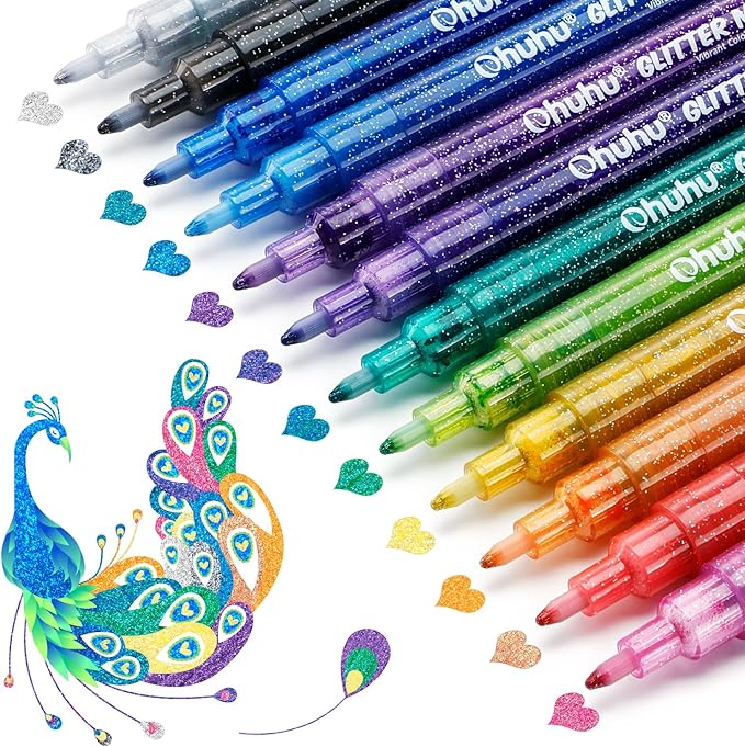 Ohuhu Glitter Markers Pen: 12 Glitter Colors Metallic Shimmer Marker Fine Tip Water-based Ink for Kids Adults DIY Crafts Greeting Birthday Cards Making Mugs Wood