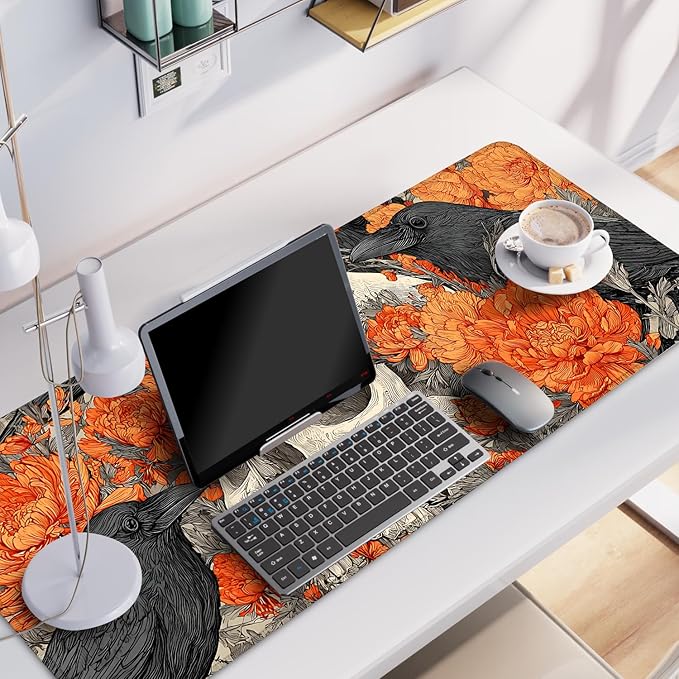 Mouse Pad Desk Mat for Desktop, Large 31.5" x 11.8" Extended Gaming Mousepad with Skull and Raven Design, Waterproof Non-Slip Rubber Base, Computer Laptop Desk Accessories for Women Men Home Office