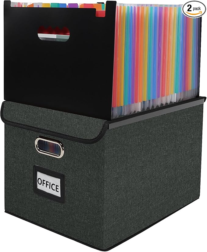 File Organizer Box with Folder, 25 Pockets Accordion File Organizer with Colored Labels, Upgraded & Portable File Folders for Home, Office, School, Dark Grey