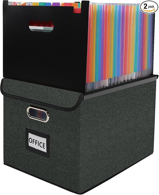 File Organizer Box with Folder, 25 Pockets Accordion File Organizer with Colored Labels, Upgraded & Portable File Folders for Home, Office, School, Dark Grey