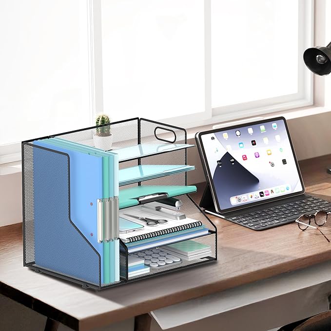 SUPEASY Desk Organizer with File Holder, 5-Tier Mesh Paper Letter Tray with Magazine Holder, Desktop Organizer and Storage for Desk Accessories Office Supplies, Black