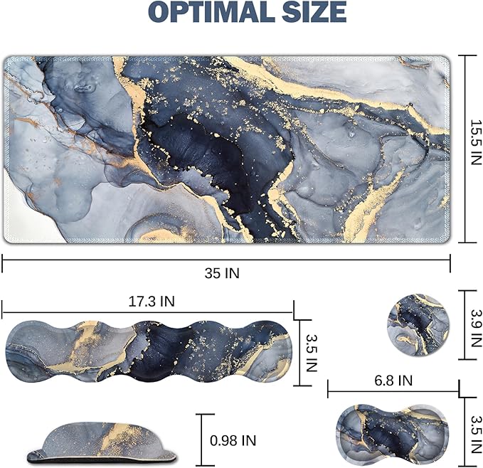 Extended Gaming Mouse Pad, Keyboard Wrist Rest Pad, Wrist Support Mousepad Set, Artso Large Stable Rubber Base Stitched Edges, Multifunctional Desk Pad (35 x15.5 in) for Work, Game, Navy Blue Marble