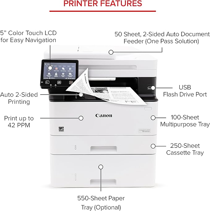 Canon imageCLASS MF465dw - Monochrome, Duplex Wireless Laser Printer, All-in-One with Scanner, Copier, Fax, Home or Office, Auto Document Feeder, Mobile Ready, 3 Year Limited Warranty, 42 PPM, White