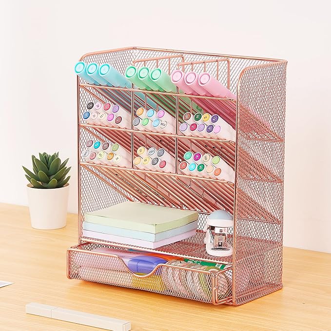 Spacrea Pen Holder Desk Organizer - Desk Organizers and Accessories, Pencil Holder with 10 Compartments and 1 Drawer（Rose Gold）