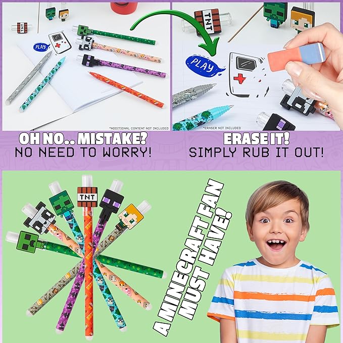 Minecraft Erasable Gel Pens Set, Colored Pens with Erasers Pack of 6, School Supplies - Gifts for Boys