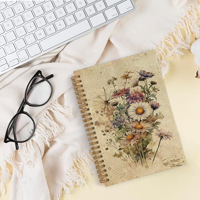 Daisy Flower Journal Notebook, Floral Journal, Vintage Floral Spiral Notebook, Boho Botanical Notebooks for School Work, Spring Retro Floral Office Supplies Gifts for Women Men, 5.5x8.3 Inch
