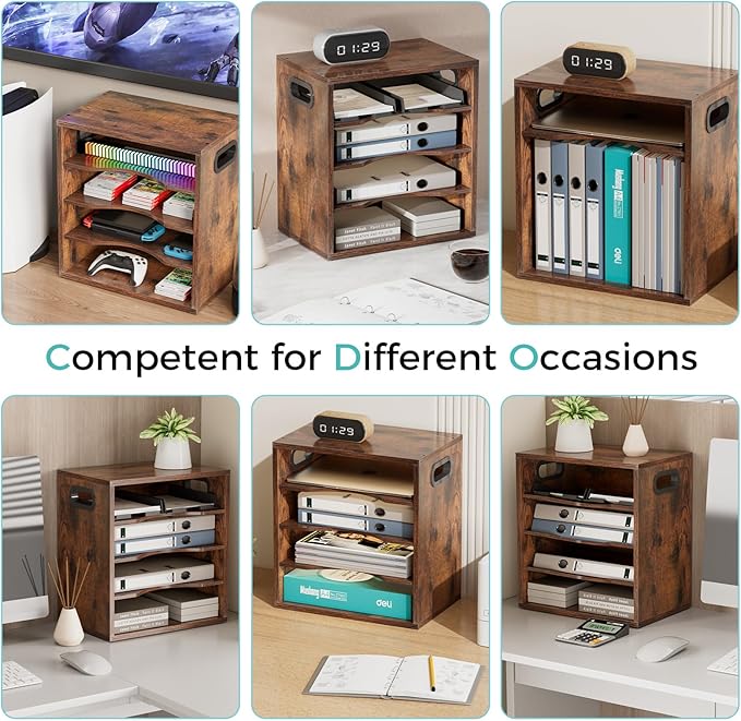 Vintage Wood File Organizer Desktop-14.5’’ Document Letter Mail Tray Sorter with 3 Adjustable Shelves Wooden Desk Organizer File Holder for School Home Office Supplies (Retro Brown)