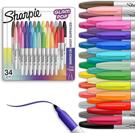 Sharpie Glam Pop Permanent Markers Fine Tip Marker Set Coloring Art Drawing Writing Markers 34 Count