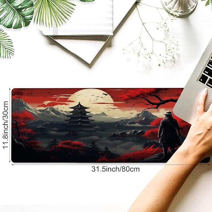 Desk Pad, Japanese Samurai Cherry Blossoms XL Gaming Mouse Pad with Stitched Edges,Non-Slip Waterproof Rubber Base Large Desk Mat for Keyboard and Mouse 31.5"x11.8"