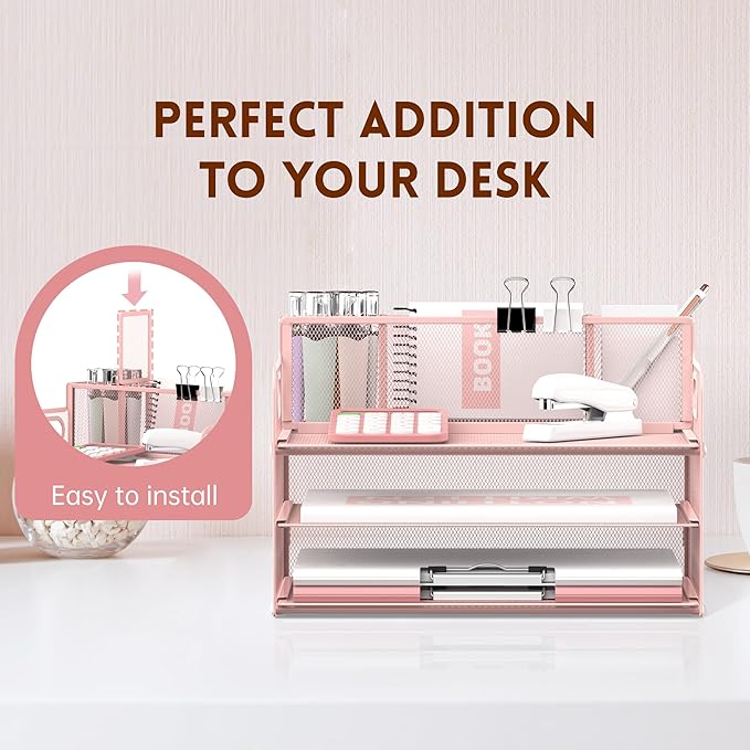 SUPEASY 3 Tier Desk Organizer with Handle & 3 Pen Holders, Mesh Paper/File Organizer for Desk, Paper Letter Tray Organizer for Office Supplies (Cute Pink)