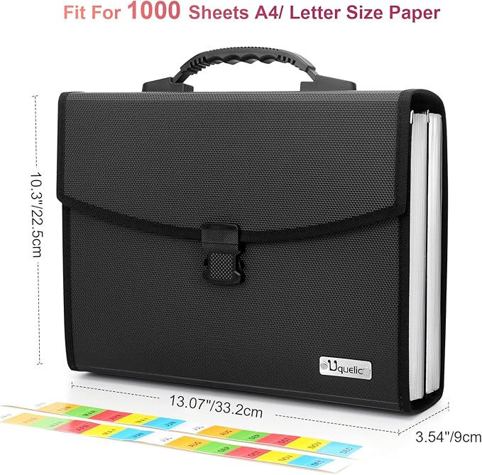 Uquelic 26 Pockets Expanding File Folder Organizer - Upgraded Durable Buckle, Accordion Folder Base with Ergonomic Portable Handle/Large A4 Letter Size Document Organizer, Folders with Pockets