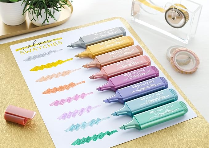 Faber-Castell Metallic Highlighter Set - Assortment of 8 Subtle Glitter Highlighter Markers - Note Taking and Journaling Supplies