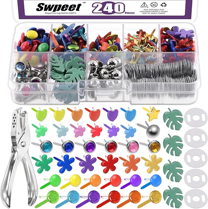 Swpeet 240 Sets 9 Styles and 5 Sizes Multicolor Split Pins Mini Brads Metal Brad with Hole Punch Assortment Kit, Metal Paper Brass Paper Fasteners Pastel Brads for Scrapbooking and Clothing Shoes