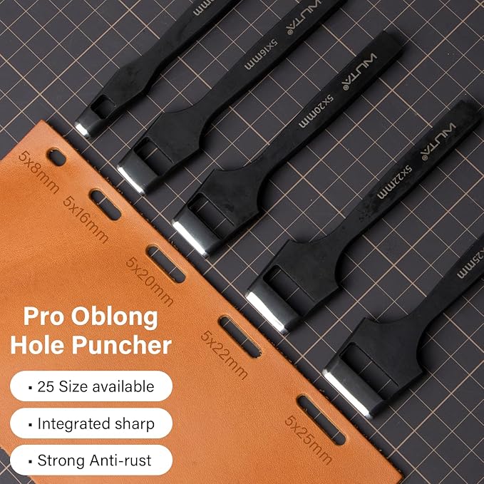 WUTA 6 Pcs Leather Belt Hole Puncher Oval Cutter Strap Watch Band Flat Punches Heavy Duty Oblong Tools for Leathercrafting (2 * 10+2 * 15+3 * 10+3 * 15+4 * 10+4 * 15)