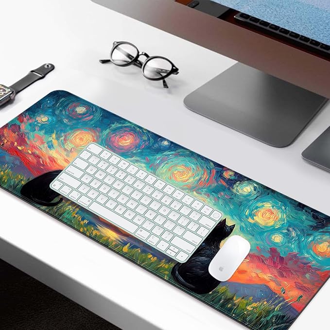 Cute Black Cat Fantasy Starry Night Gaming Desk Mat, Computer Keyboard Large Extended Long Animal Mouse Pad for Office and Home, XL (W03)