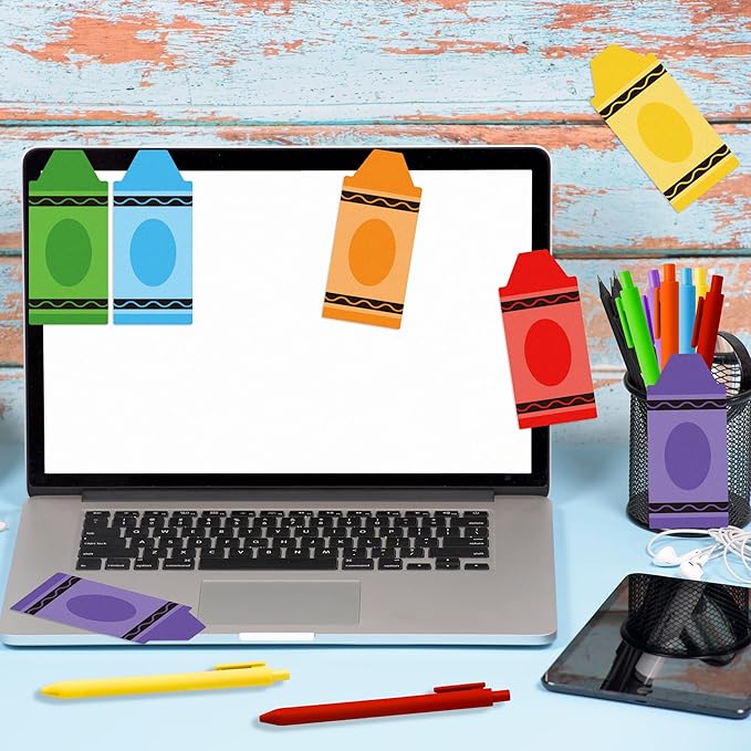 Bright Colors Sticky Notes - 72pcs Cute Crayon-Shaped Super Self Sticky Strong Adhesive Pastel Note Pads Pens Ribbon Set Sticking Power Memo Stick Pads Back to School Supplies Office Products