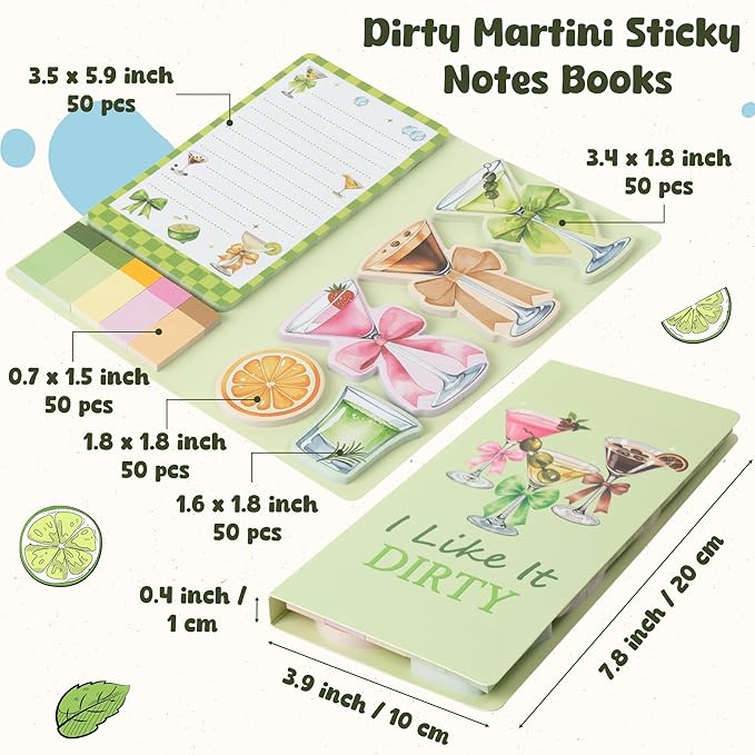 B1ykin Sticky Notes Set, Dirty Martini Self-Stick Notes Pad Teacher Appreciation Martini Lovers Gifts, Self-Adhesive Writing Memo Pages Sticky to Do Notepad for Kids Employee School Office (Martini)