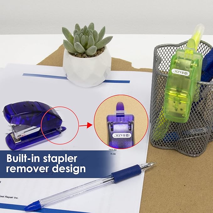 BAZIC Mini Stapler w/500 Staples, Standard (26/6) Built-in Staple Remover, Soft Grip 12 Sheets, Portable Small Staplers for Home Office School, 6-Pack