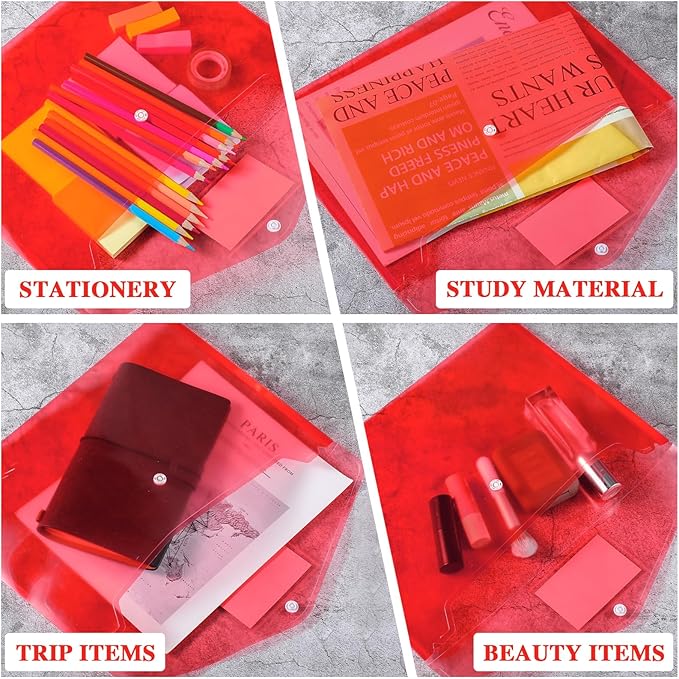 Lincia 24 Pcs Plastic Envelopes A4 Size Poly Envelopes File Folders Work Document Holder Office Paper Plastic File Organizer with Label Pocket Snap Button Home File Bag for School (Clear Red)