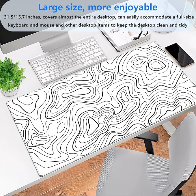 White Topographic Abstract Art Desk Mat - Large XL Gaming Mouse Pad with Stitched Edges, Full Desk Keyboard & Mouse Pad for PC, Laptop, Office Decor (31.5"x15.7")