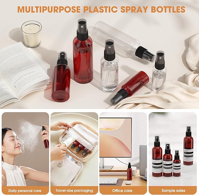 100Pack Small Spray Bottles 2oz, 60ml Travel Spray Bottle Bulk Black Fine Mist Sprayer, Empty Refillable Containers Portable Cosmetic Plastic Spray Bottles for Cleaning, Misting & Skin Care-Brown