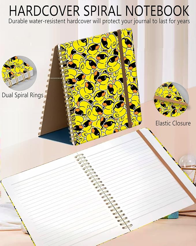 Spiral Journal Notebook, A5 Cute Notebooks for Women Men, College Ruled Hardcover Notebook for Work & Note Taking, 60 Pages Double-Wire Journals for Writing, Cool Yellow Ducks