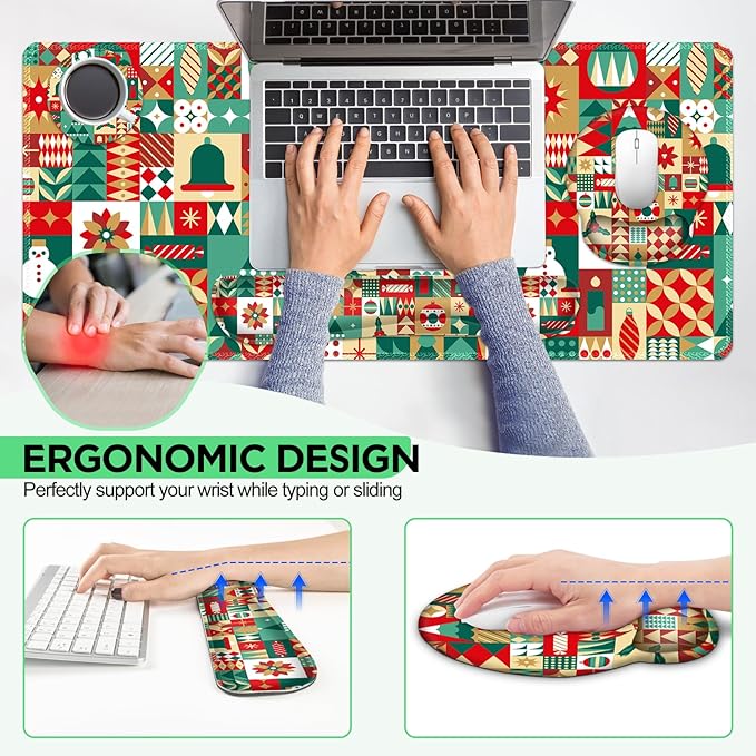 AIMSA Keyboard Mouse Pad Wrist Rest Set, Large Gaming Mouse Desk Pad with Wrist Support Ergonomic Design, 4 in 1 Mousepad for Home Office, Snowman Bell Christmas
