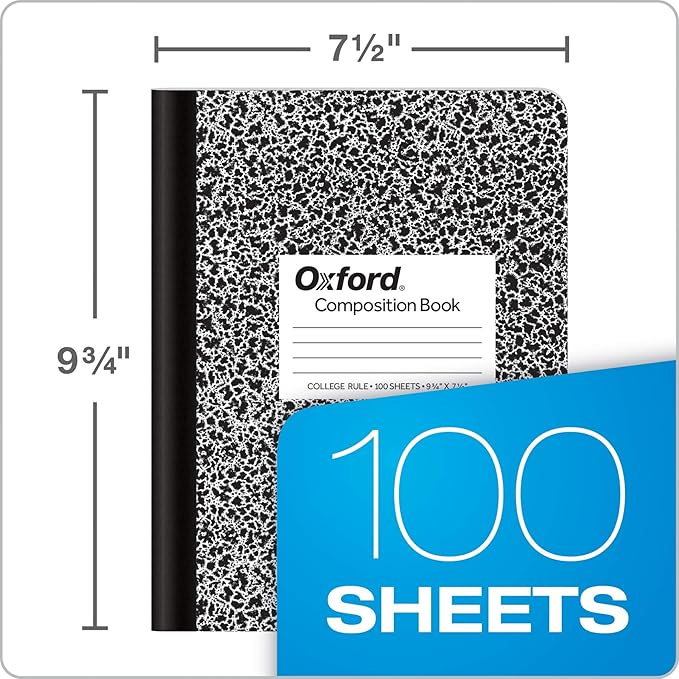 Oxford Composition Notebooks, College Ruled Paper, 9-3/4 x 7-1/2 Inches, 100 Sheets, Black, (63767) (Pack of 24)