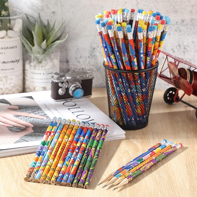 Handepo 72 Pcs Attendance Pencils with Eraser Bulk Assorted Wooden Pencils Student Carnival Prize Educational and Learning Activities Office Supply, 4 Style