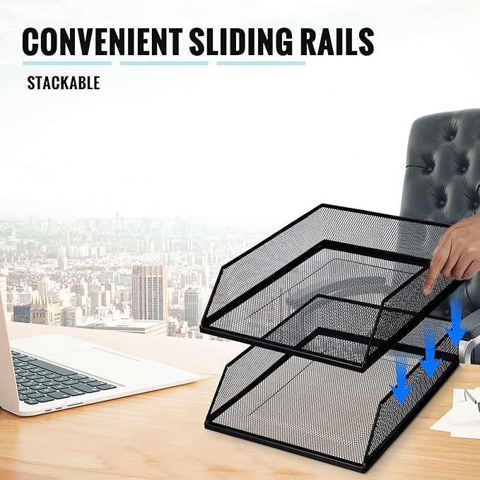 Hicarer 4 Pcs Black Metal Letter Tray Stackable Desk Tray Single Wire Mesh Organizer Front Load File Paper Holder for Desktop Office Home School Classroom (12.8 x 9.84 Inch)