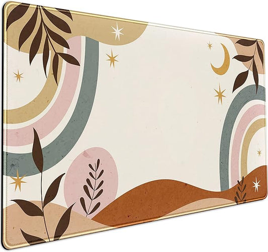 Boho Desk Mat, Abstract Retro Plant Large Mouse Pad, XXL Gaming Large Mousepad 31.5x15.7 in, Brown Grey Boho Aesthetic Desk Pad for Women Office Decor Laptop Keyboard Mouse Mat