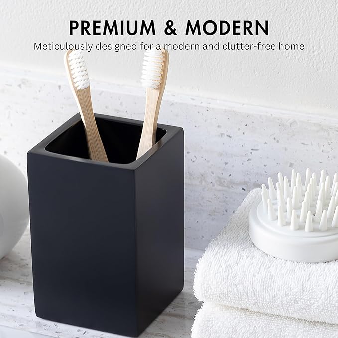 Yew Design Matte Black Toothbrush and Toothpaste Holder for Bathroom Vanity and Countertop, Square Organizer for Electric Toothbrushes, Floss, Razors, Cotton, and Mouthwash