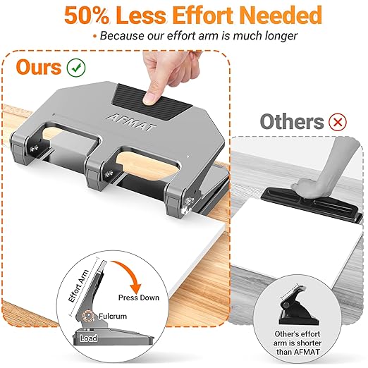 AFMAT HPX3 Heavy Duty 3 Hole Punch, 40-Sheet 3 Hole Puncher for Binder, Metal Three Hole Punch w/ 10,000+ Uses, 50% Reduced Effort, Bulit-in S.S. Paper Guide, Large Chip Tray, Gray