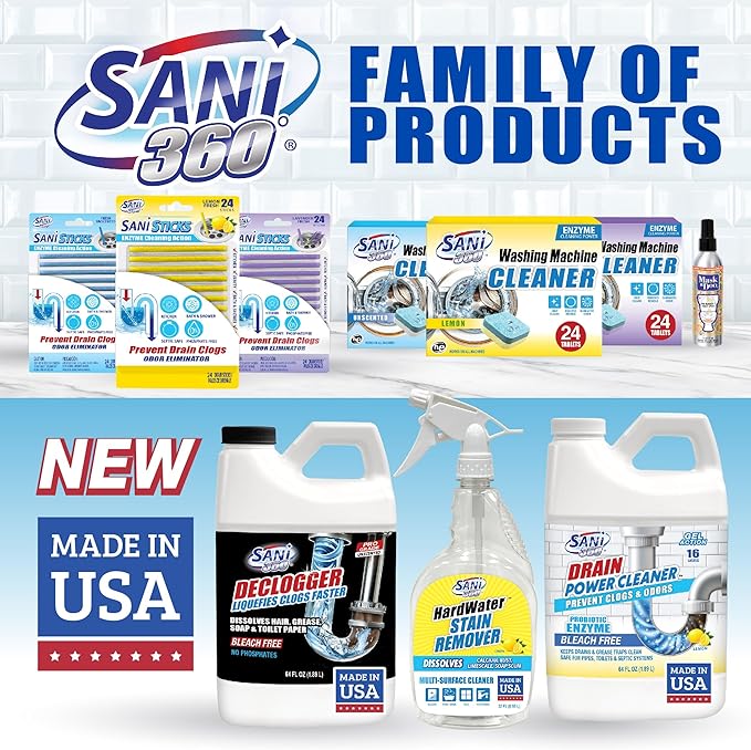 Sani 360° Declogger Dissolves Hair, Soap Scum, Blockage, Toilet Paper. Drain Clog Remover works on Sinks, Shower, Bathtubs, Non-Corrosive, Safe for Pipes and Septic Systems, MADE IN USA (64 FL OZ)