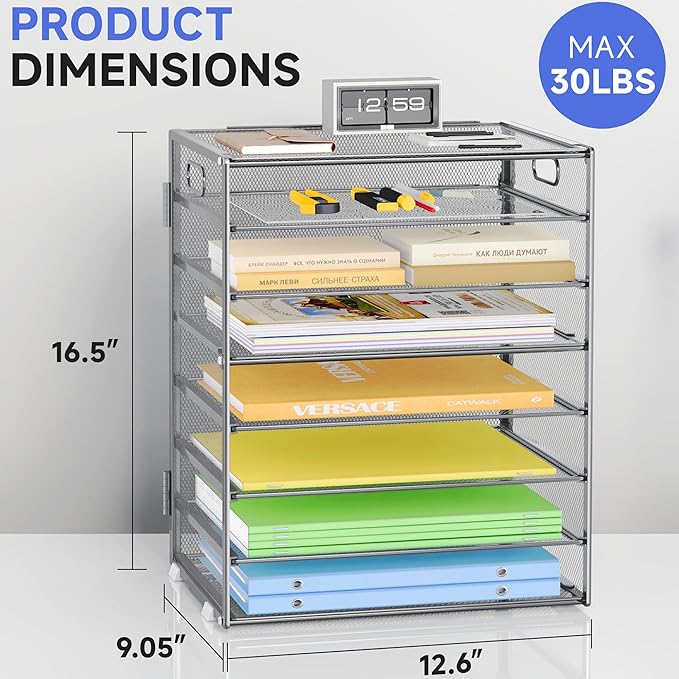 8 Tier Paper Organizer with Handle, Metal Mesh Desk File Organizer, Large Capacity Desk Organizers Paper Letter Tray Desktop Document Sorter for Office, Home or School - Silver