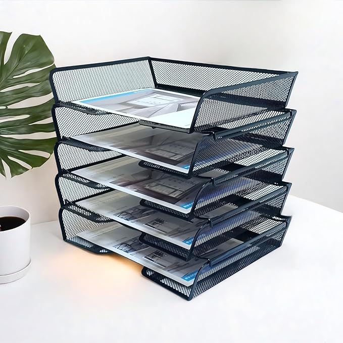 5 Tier Metal Mesh Desk Organizer-Stackable Letter Trays for Office Supplies,Black File Storage System with Reinforced Edges