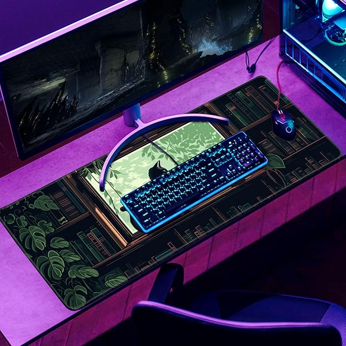 XL Mouse Pad Gaming Kawaii Cute Pixel Cat Outdoor Extra Large Mousepad (31.5x11.8 in), Green Desk Mat Anime Pad Home Office Decor Mouse Pad Stitched Edges Smooth Surface Non-Slip Bottom Mat