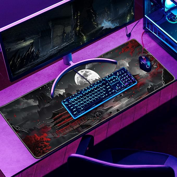 Japanese Desk Mat Riverside Full Moon Large Mouse Pad Gaming Mousepad Extended XL Keyboard Mat Computer Laptop Mouse Desktop Mat 31.5 X 11.8 Desk Decor