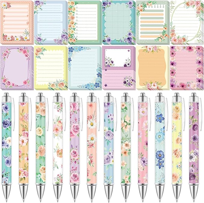24 Pcs Floral Sticky Notes with Pens Flowers Self Adhesive Notepad Black Ink Ballpoint Pen Office School Students Teacher Supplies Gifts