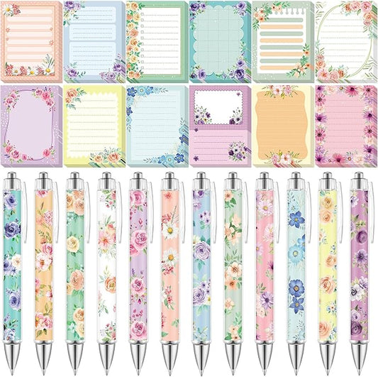 24 Pcs Floral Sticky Notes with Pens Flowers Self Adhesive Notepad Black Ink Ballpoint Pen Office School Students Teacher Supplies Gifts
