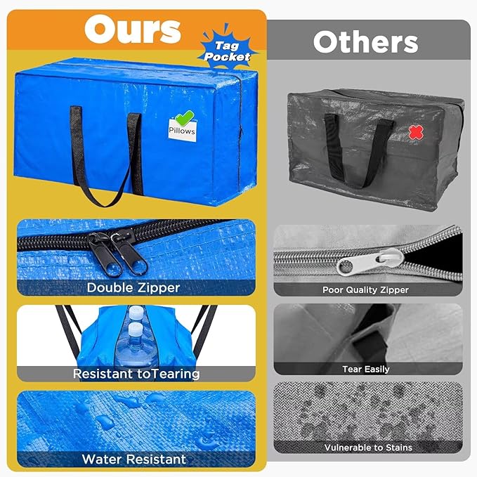 BETU Extra Large Moving Bags Heavy Duty Storage Bags with Zipper Handles, 12 Pack Clothes Storage Totes Bins Packing Moving Boxes, Moving Supplies for College Dorm Essentials, Space Saving, Blue