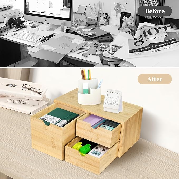 Bamboo Desk Organizer, Desktop Organizer with 3 Drawer, Tabletop Storage Organization Box for Bills, Countertop, Home Office Supplies