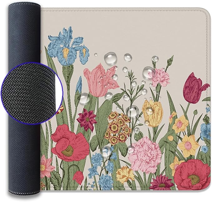 Spring Flowers Desk Pad Mouse Pad,Large Gaming Colorful Floral Mouse Mat with Stitched Edges,Non-Slip Waterproof Rubber Base Mousepad for Office Work Home Desk Mat(27.5X11.8 in)