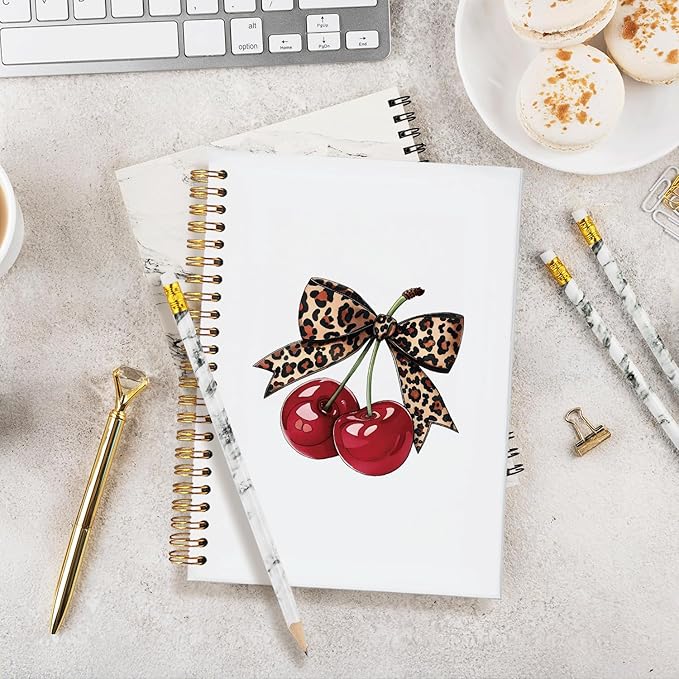Leopard Bow Cherry Notebook Journal, Trendy Coquette Aesthetic School Supplies for Girls, Preppy Spiral Planner for Girls & Women, Cute College Ruled Notebook Gift, 5.5x8.3 Inch